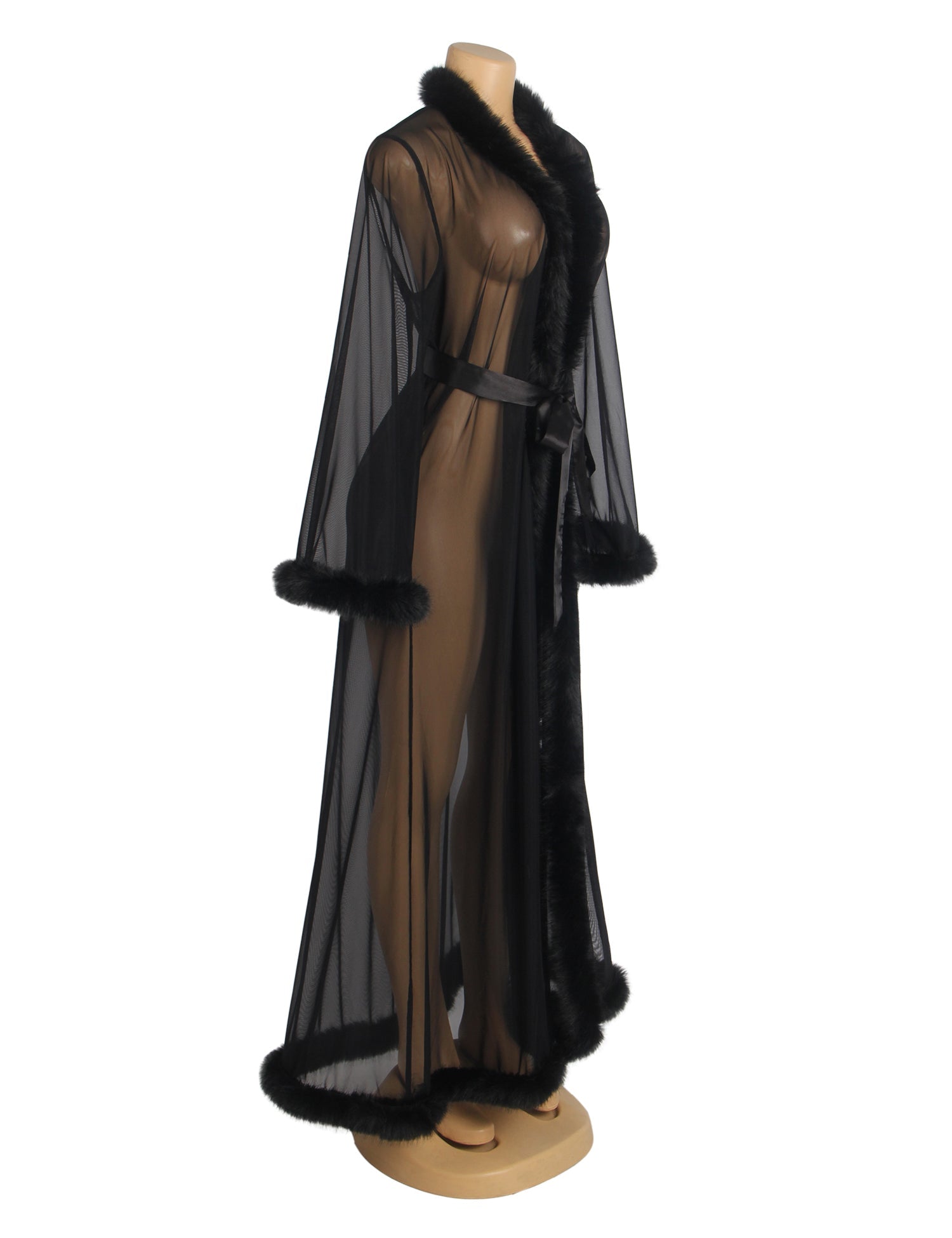 Black Mesh Robe – Faux Mink Fur Trim, Long Sleeve, Floor - Length & Silk Belt - TeaseFashion