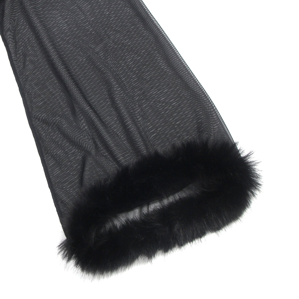 Black Mesh Robe – Faux Mink Fur Trim, Long Sleeve, Floor - Length & Silk Belt - TeaseFashion