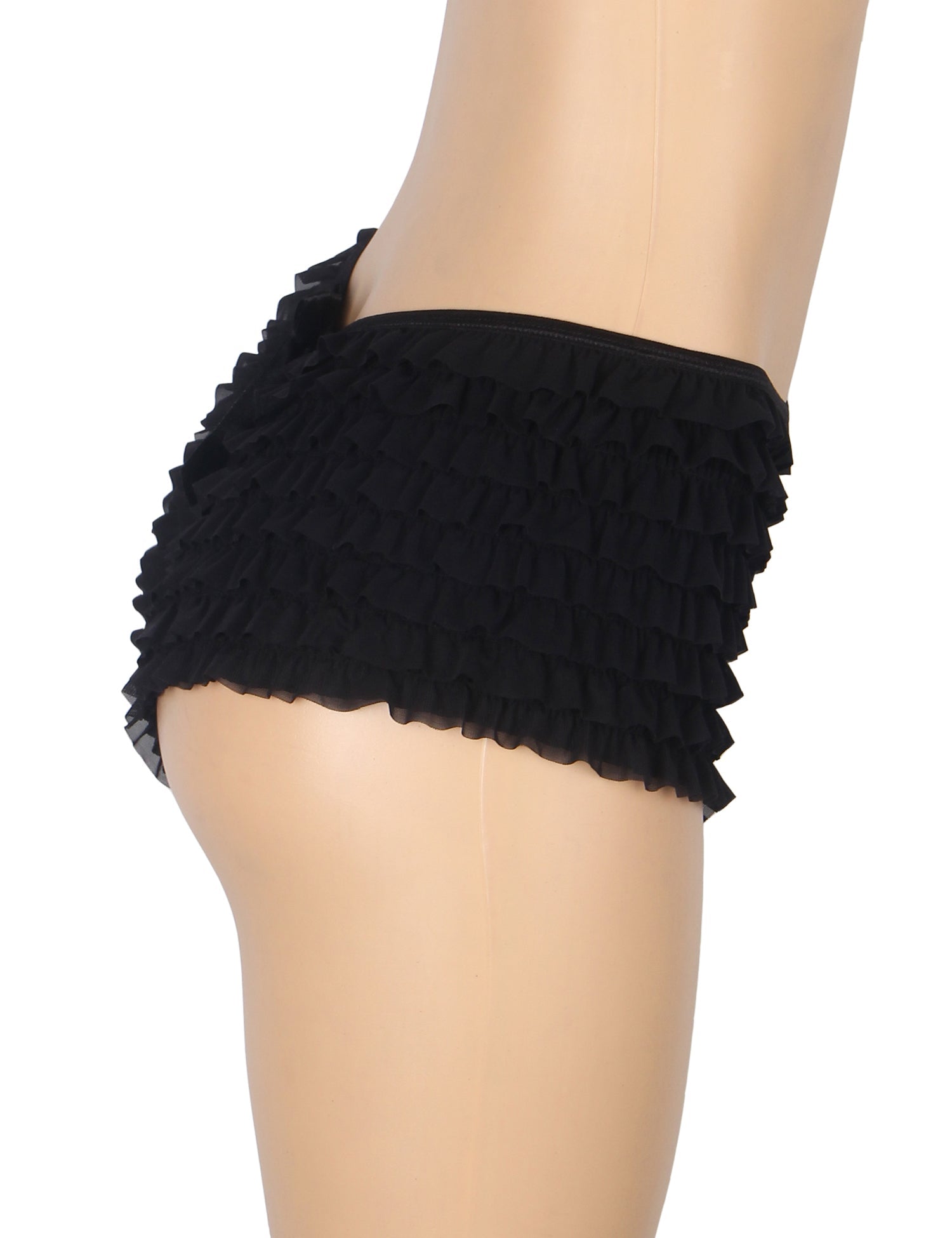 Black Mesh Ruffle Brief with Bow Detail & Swim - Fabric Lining - TeaseFashion