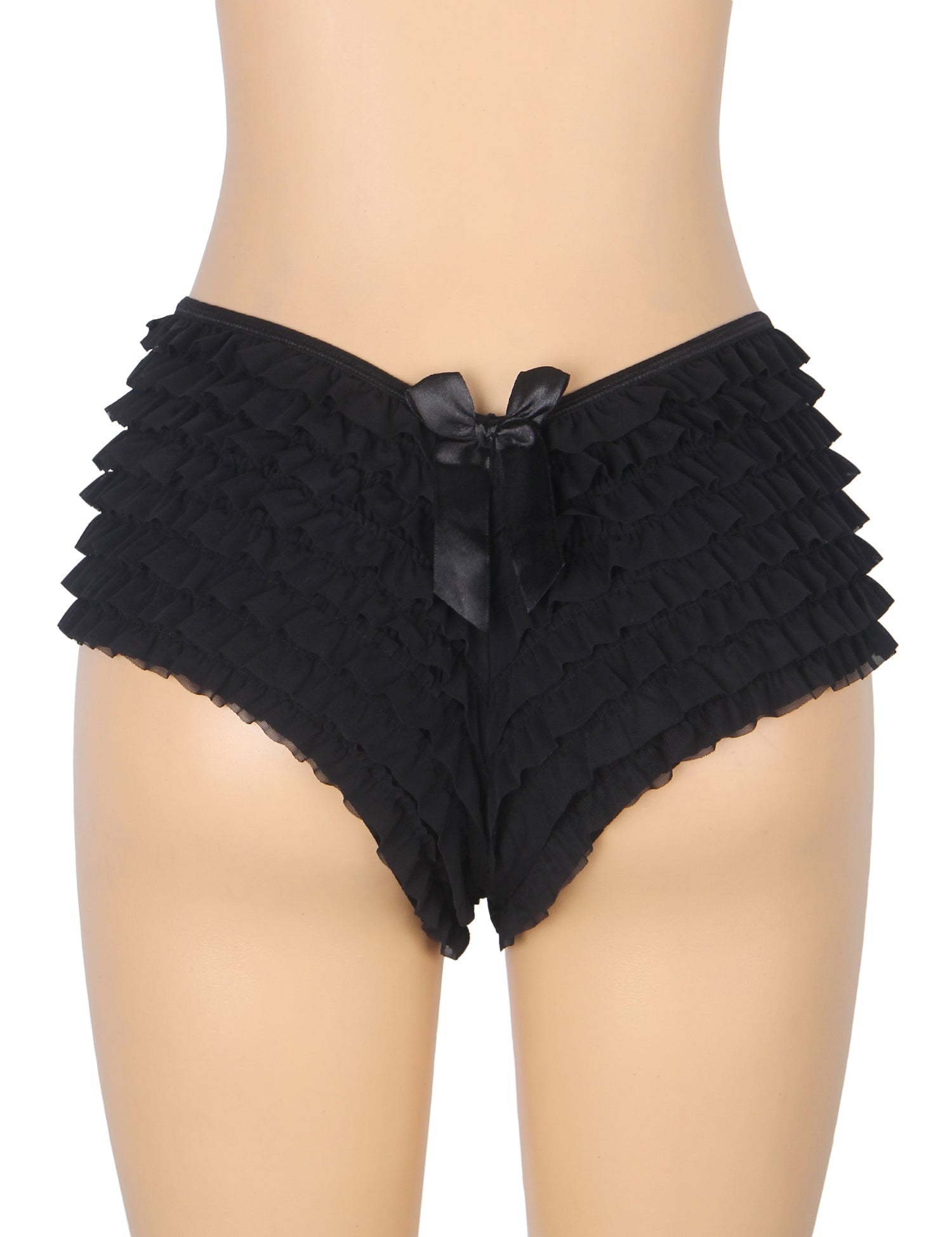 Black Mesh Ruffle Brief with Bow Detail & Swim - Fabric Lining - TeaseFashion
