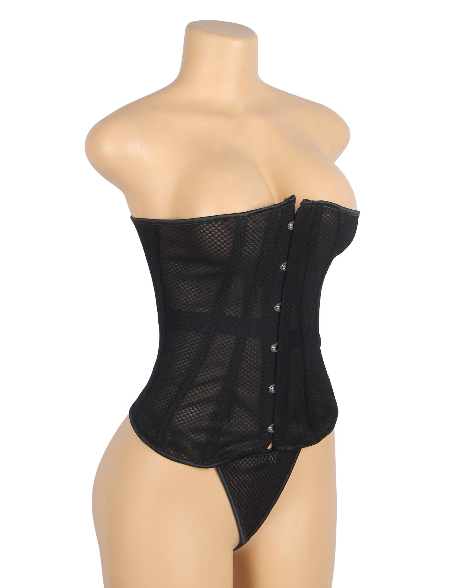 Black Mesh Strapless Corset – 12 Soft Bones, Snap Front & G - String - TeaseFashion