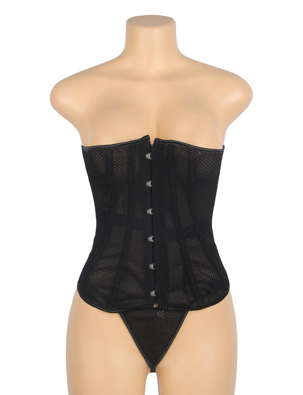 Black Mesh Strapless Corset – 12 Soft Bones, Snap Front & G - String - TeaseFashion