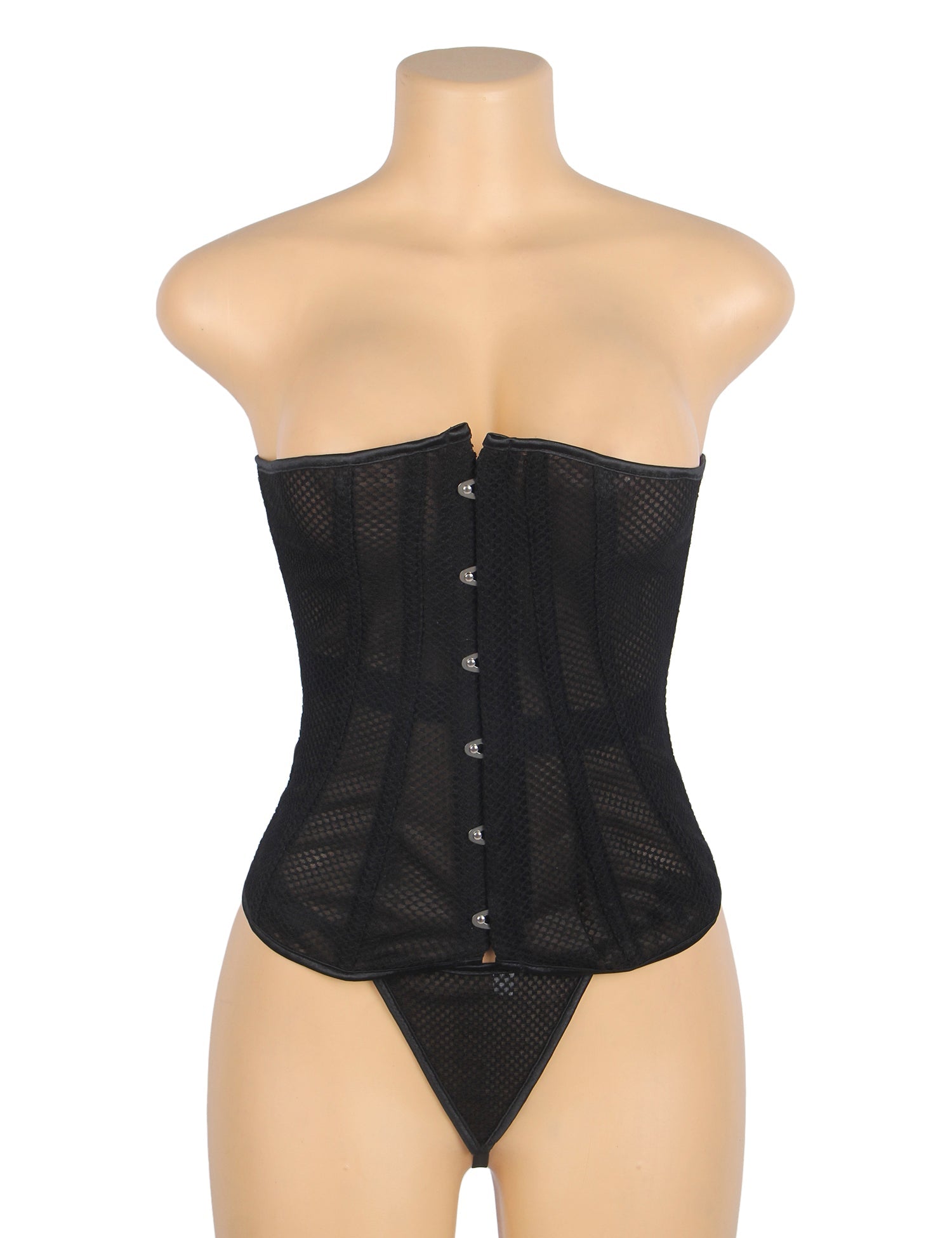 Black Mesh Strapless Corset – 12 Soft Bones, Snap Front & G - String - TeaseFashion
