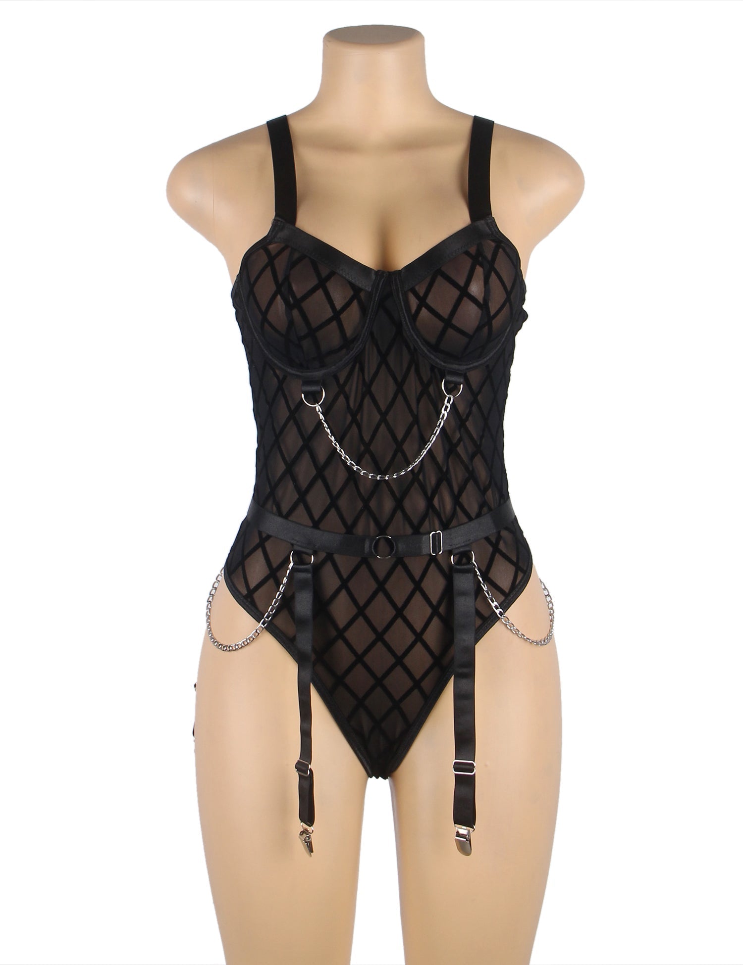 Black Mesh & Velvet Bodysuit with Chain Detail & Garter - TeaseFashion