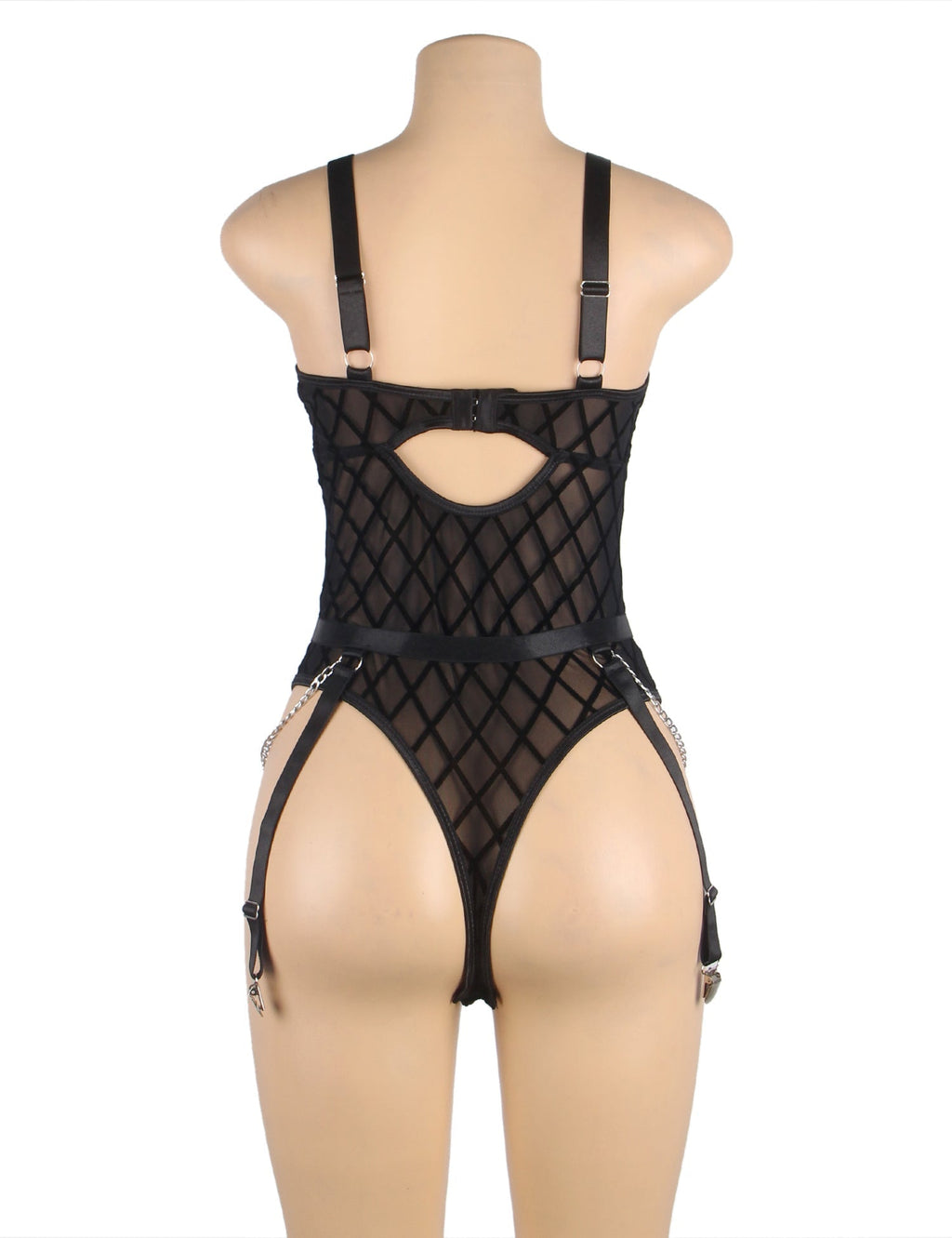 Black Mesh & Velvet Bodysuit with Chain Detail & Garter - TeaseFashion