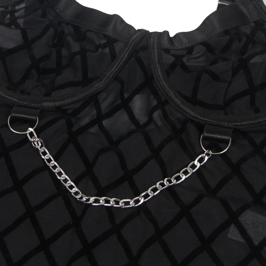 Black Mesh & Velvet Bodysuit with Chain Detail & Garter - TeaseFashion