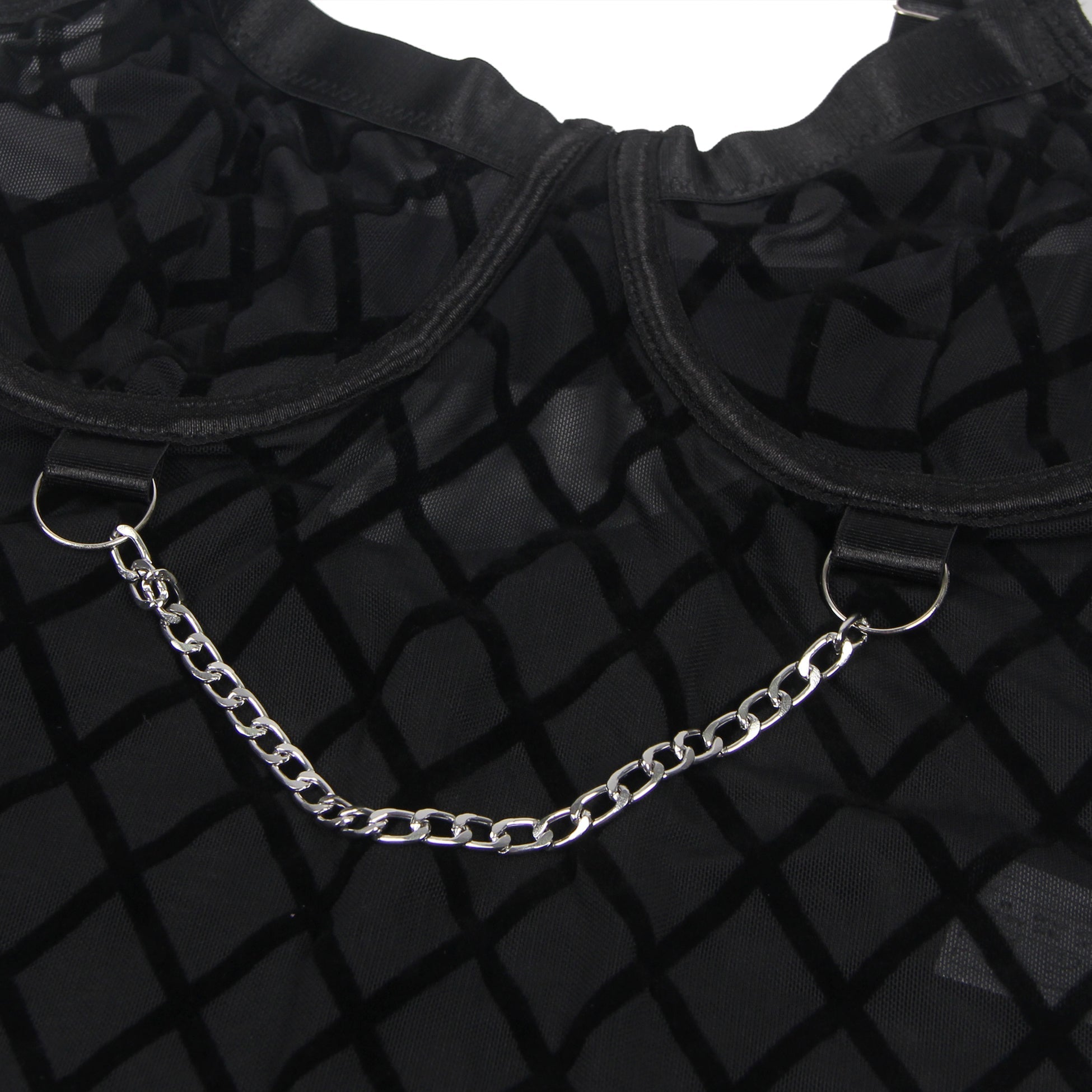 Black Mesh & Velvet Bodysuit with Chain Detail & Garter - TeaseFashion