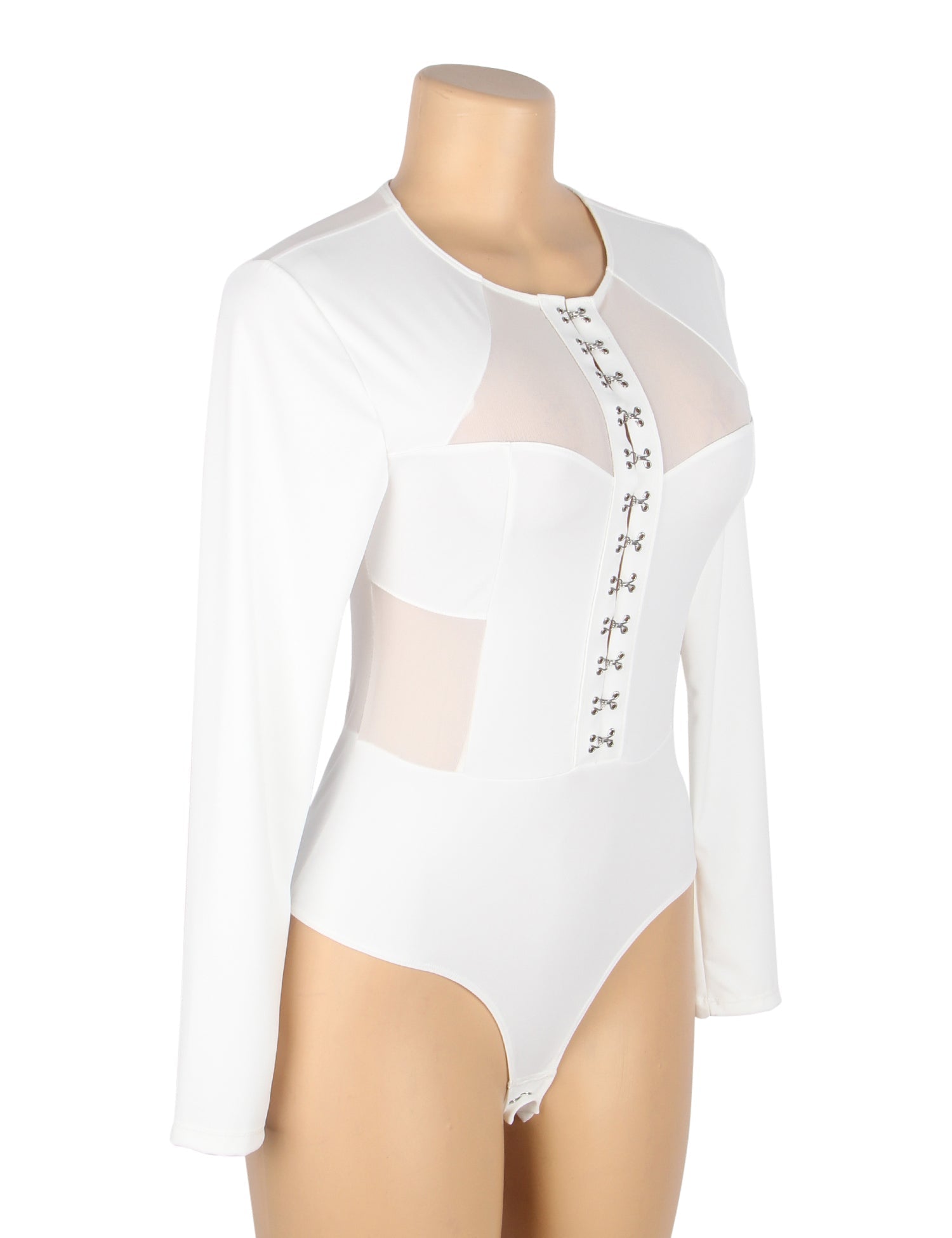 Black Mid - High Neck Bodysuit – Diamond Mesh, Hollow Back & Round Button Splice - TeaseFashion