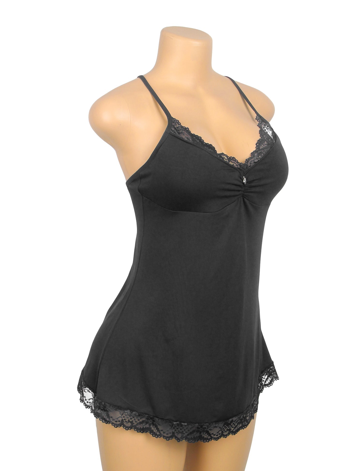 Black Modal Lace A - Line Nightgown – Rhinestone Ruffle, Crossover Back & Removable Pads - TeaseFashion