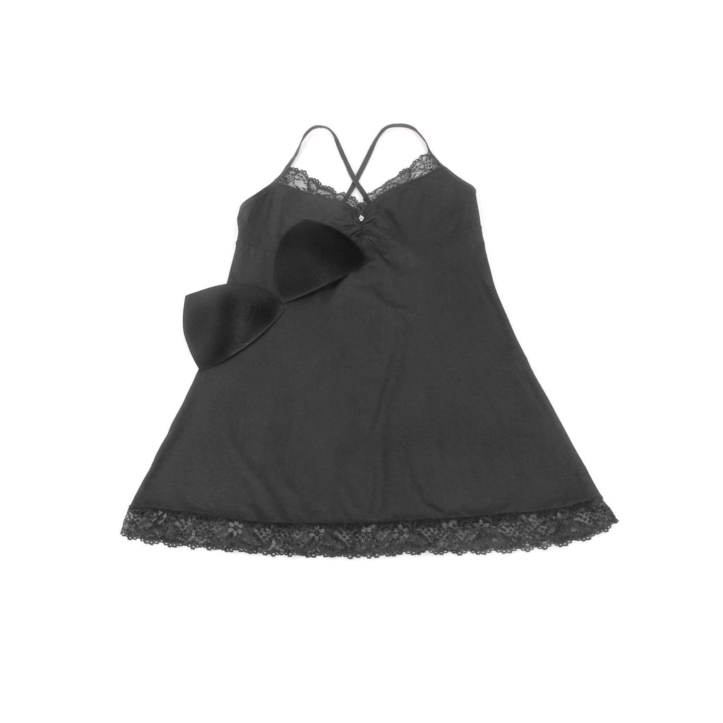 Black Modal Lace A - Line Nightgown – Rhinestone Ruffle, Crossover Back & Removable Pads - TeaseFashion