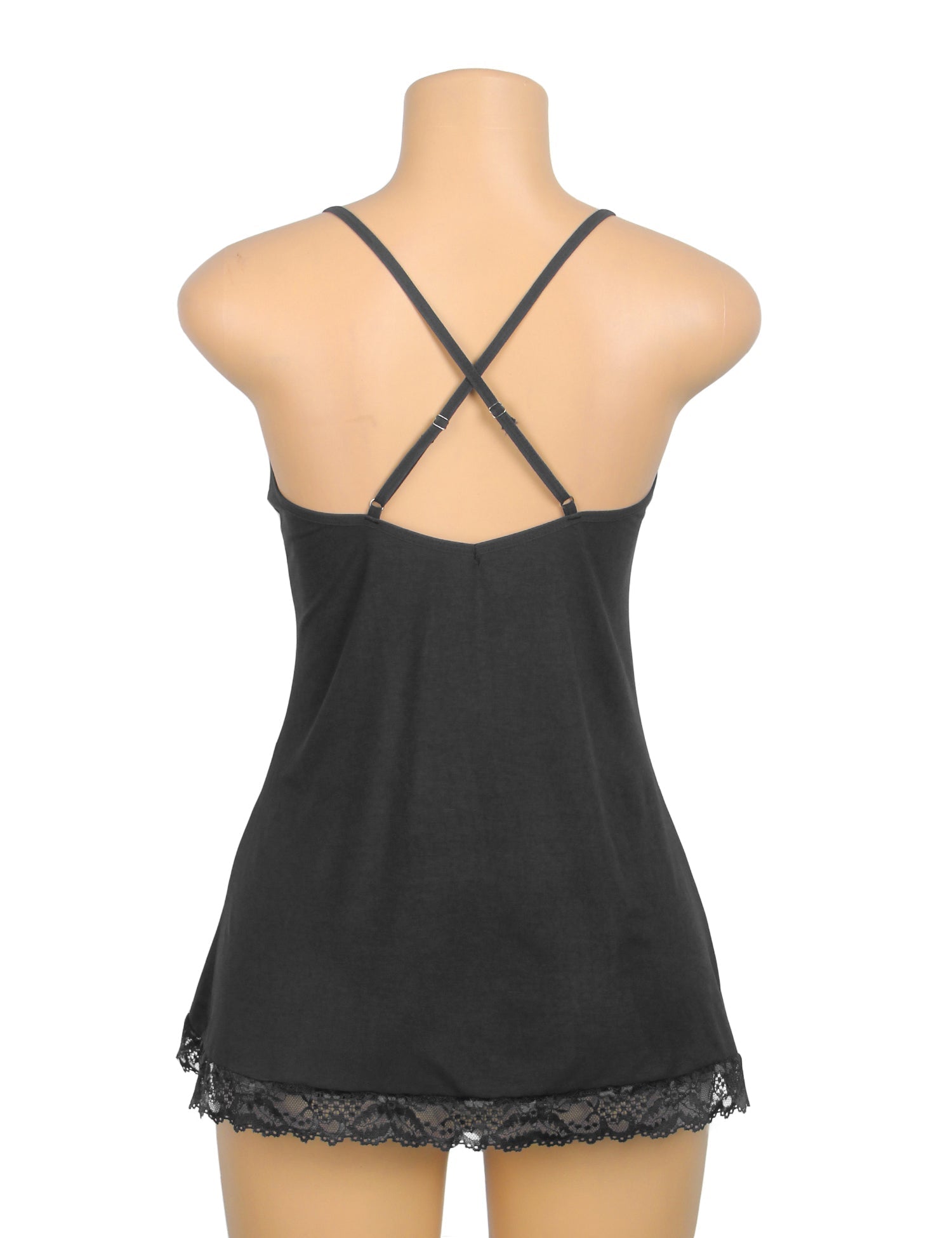 Black Modal Lace A - Line Nightgown – Rhinestone Ruffle, Crossover Back & Removable Pads - TeaseFashion