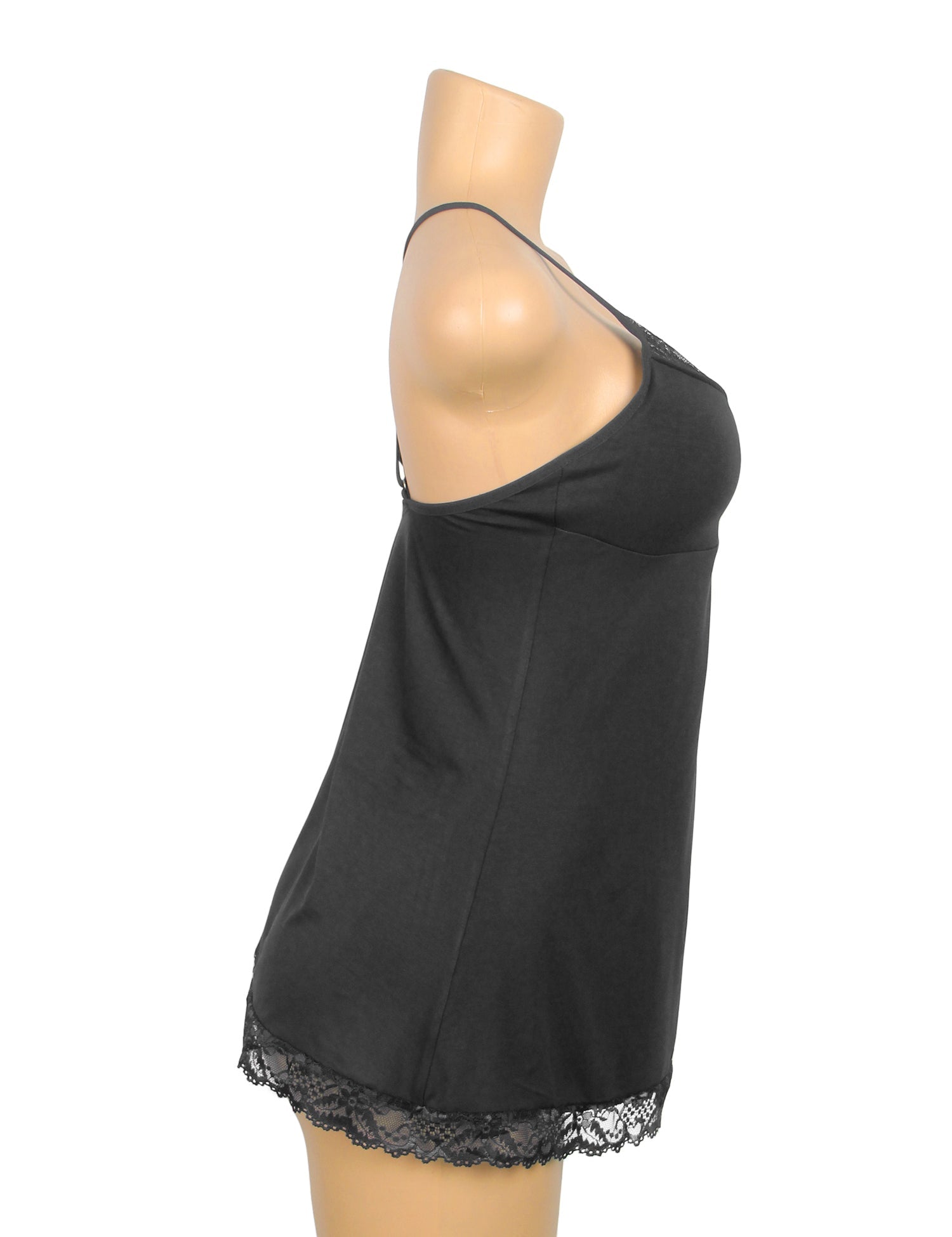 Black Modal Lace A - Line Nightgown – Rhinestone Ruffle, Crossover Back & Removable Pads - TeaseFashion