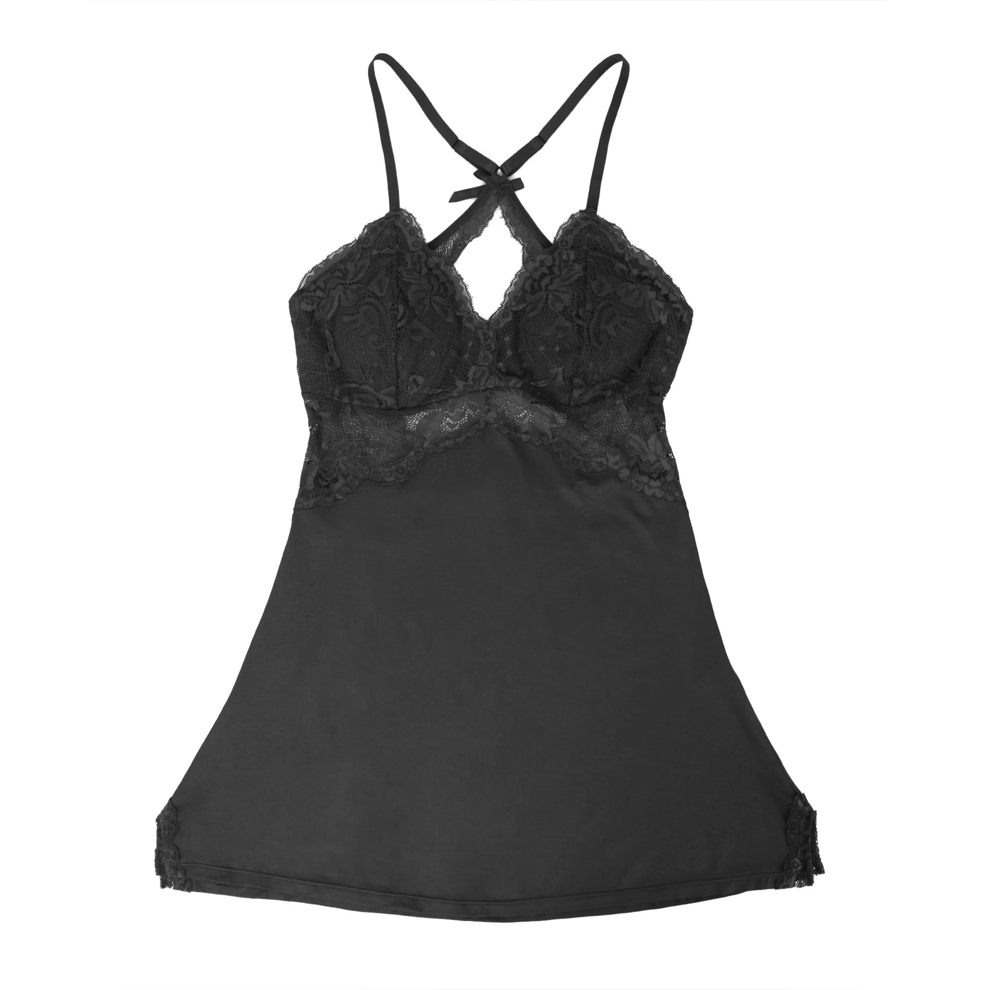 Black Modal Lace Backless Nightdress – Hollow Lace Panels, A - Line Hem & Removable Pads - TeaseFashion