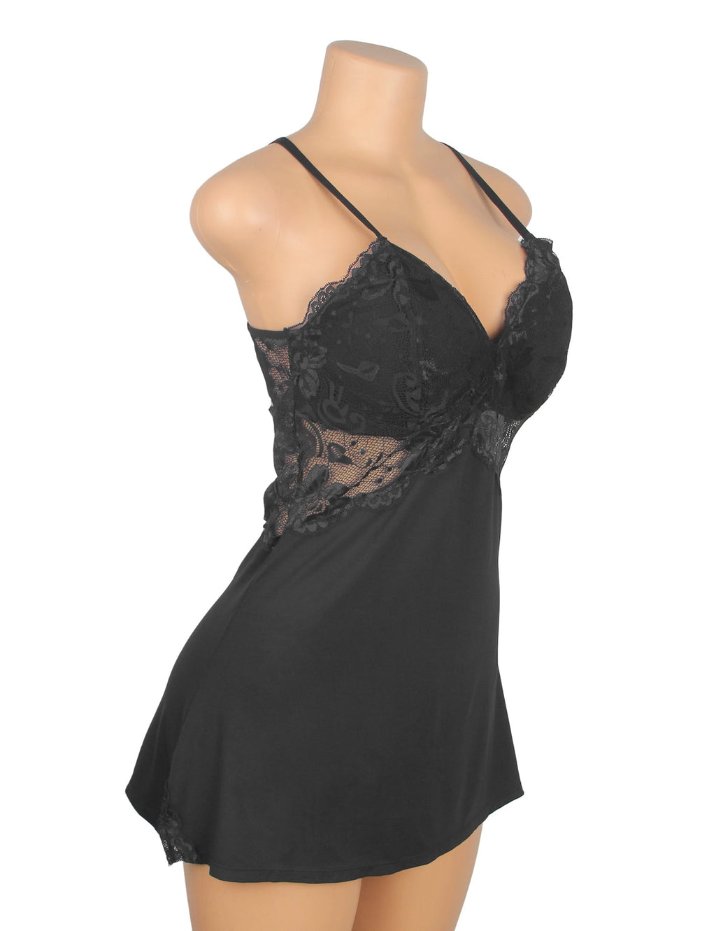Black Modal Lace Backless Nightdress – Hollow Lace Panels, A - Line Hem & Removable Pads - TeaseFashion