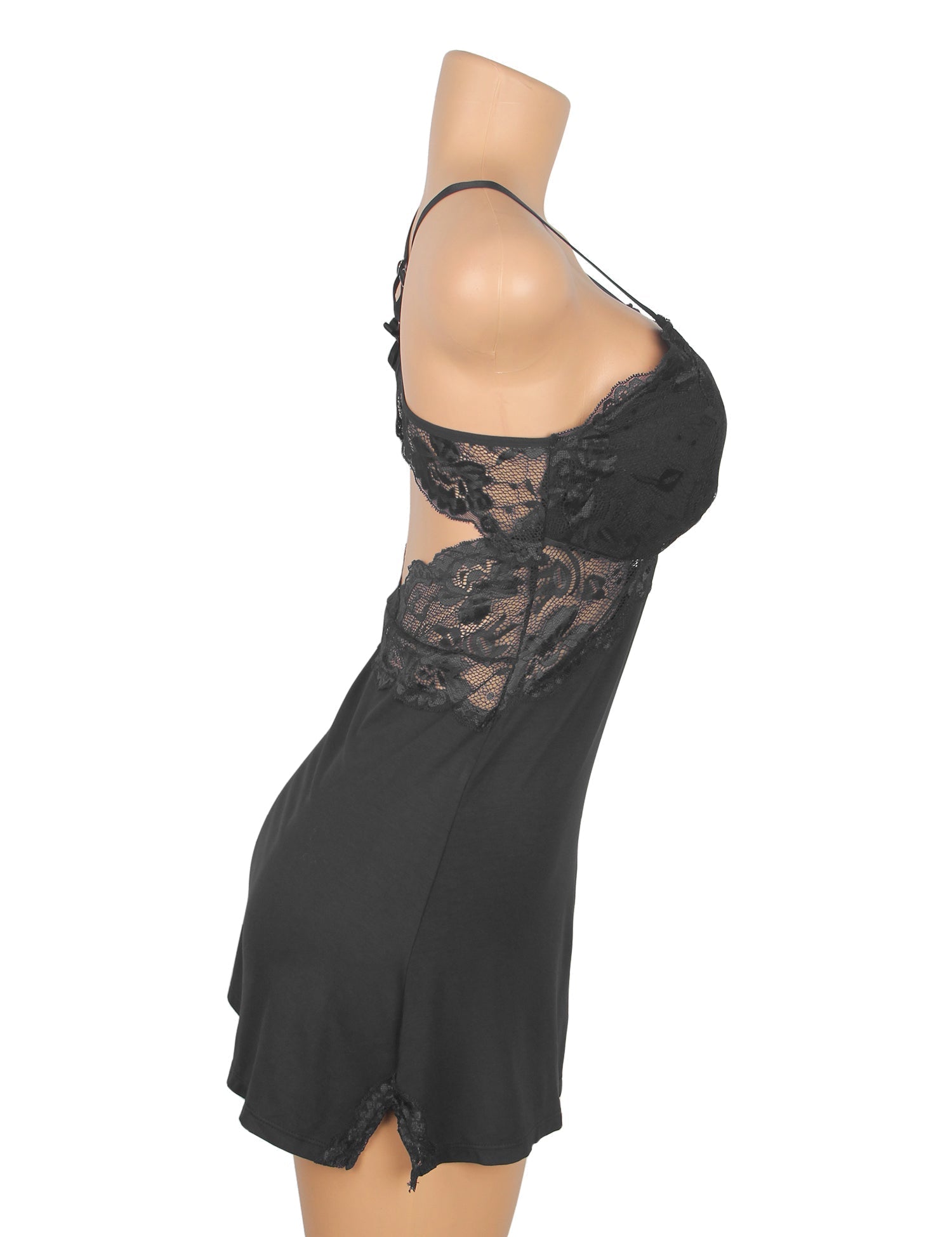 Black Modal Lace Backless Nightdress – Hollow Lace Panels, A - Line Hem & Removable Pads - TeaseFashion