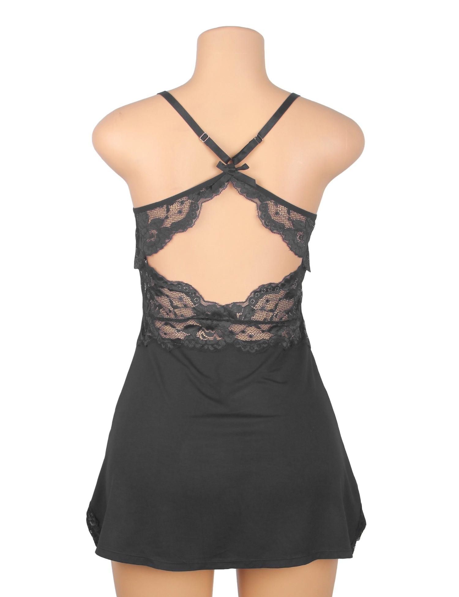 Black Modal Lace Backless Nightdress – Hollow Lace Panels, A - Line Hem & Removable Pads - TeaseFashion