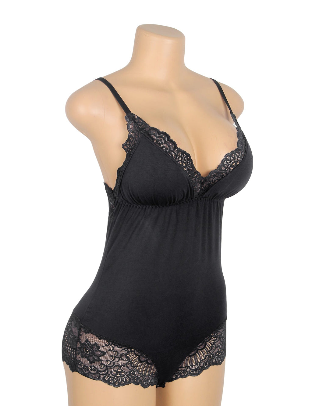 Black Modal Lace Bodysuit – Open - Buckle Crotch, Hip & Chest Lace Splicing & Removable Pads - TeaseFashion