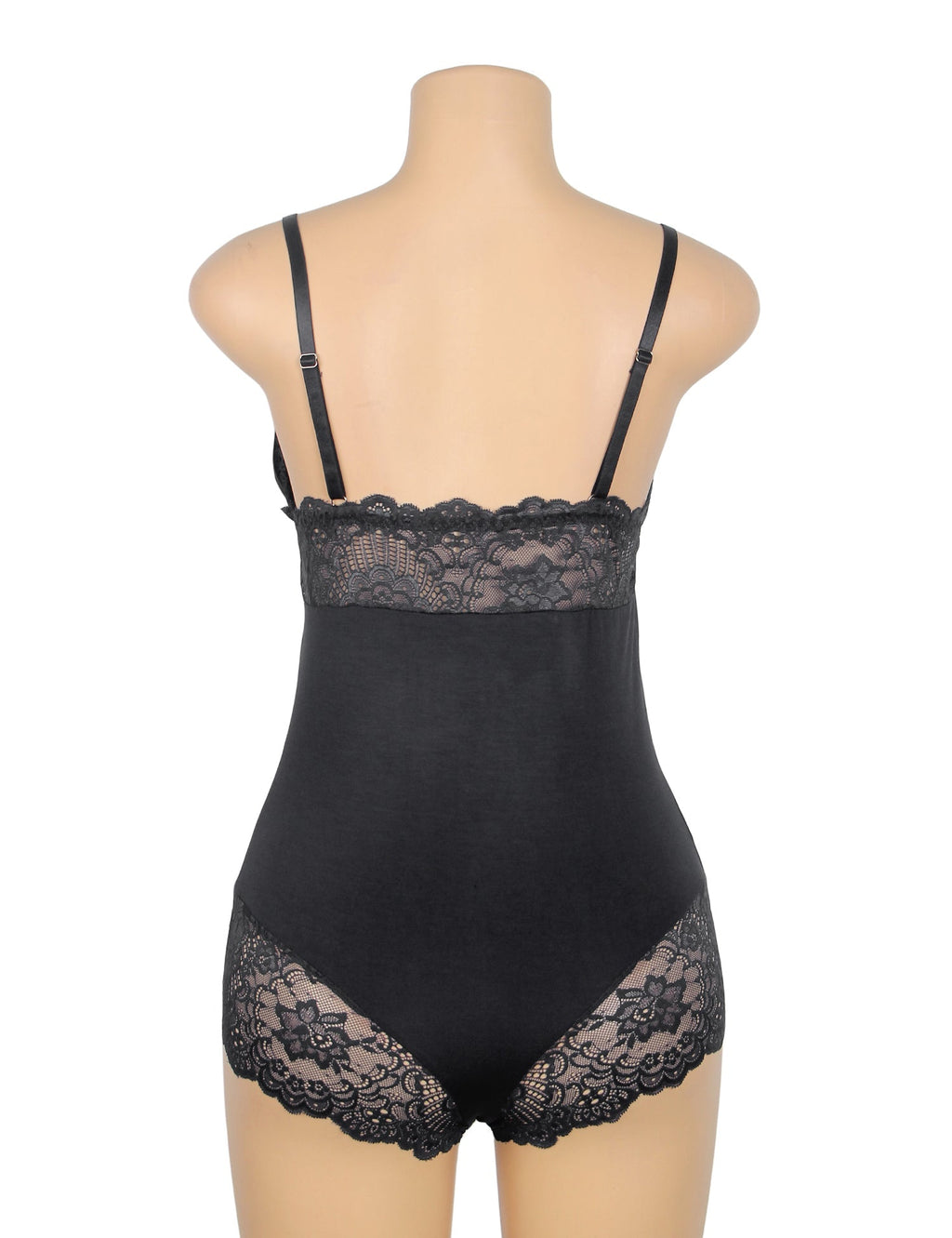 Black Modal Lace Bodysuit – Open - Buckle Crotch, Hip & Chest Lace Splicing & Removable Pads - TeaseFashion