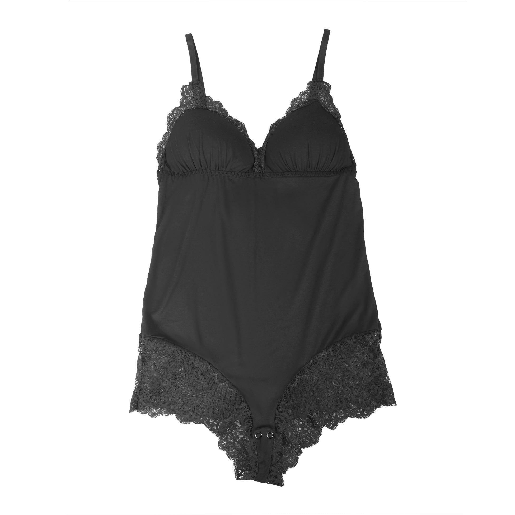 Black Modal Lace Bodysuit – Open - Buckle Crotch, Hip & Chest Lace Splicing & Removable Pads - TeaseFashion
