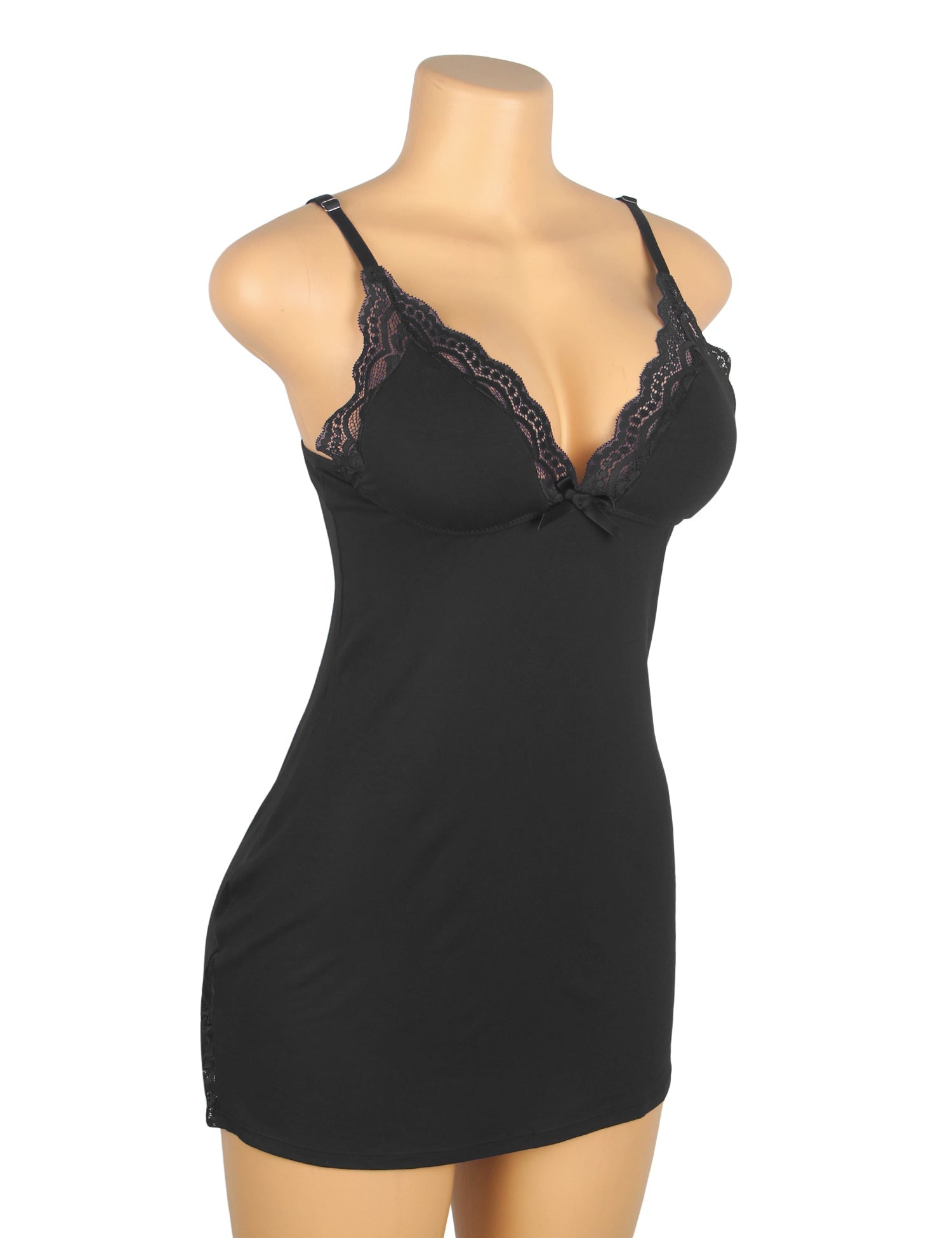 Black Modal Lace Bow - Detail Nightdress – Hip Lace Splicing & Removable Pads - TeaseFashion