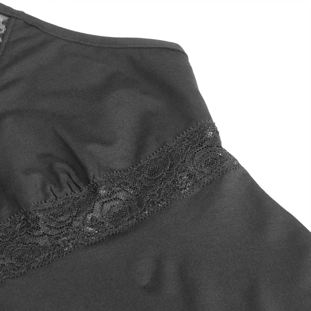Black Modal Lace Deep V - Neck Nightdress – Spliced Lace Waistband & Flared Skirt - TeaseFashion