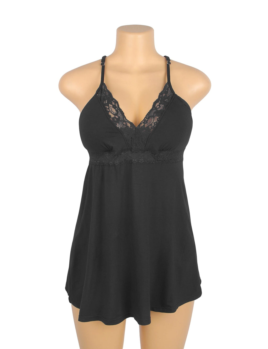 Black Modal Lace Deep V - Neck Nightdress – Spliced Lace Waistband & Flared Skirt - TeaseFashion