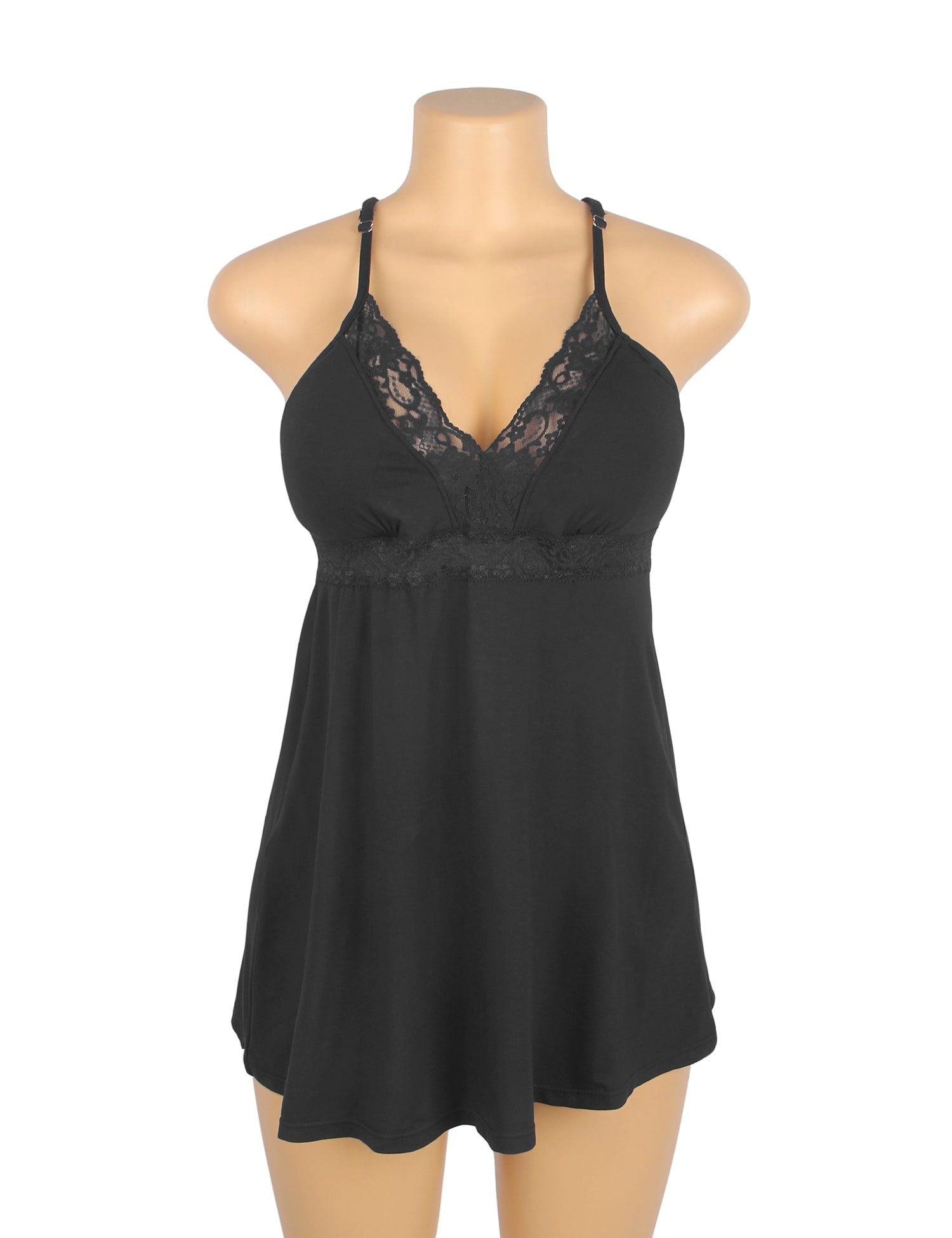 Black Modal Lace Deep V - Neck Nightdress – Spliced Lace Waistband & Flared Skirt - TeaseFashion