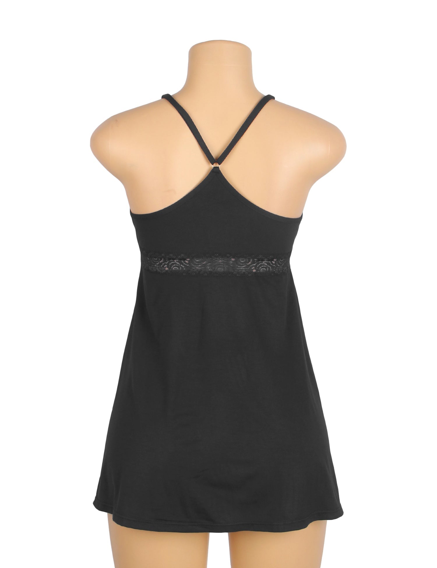 Black Modal Lace Deep V - Neck Nightdress – Spliced Lace Waistband & Flared Skirt - TeaseFashion