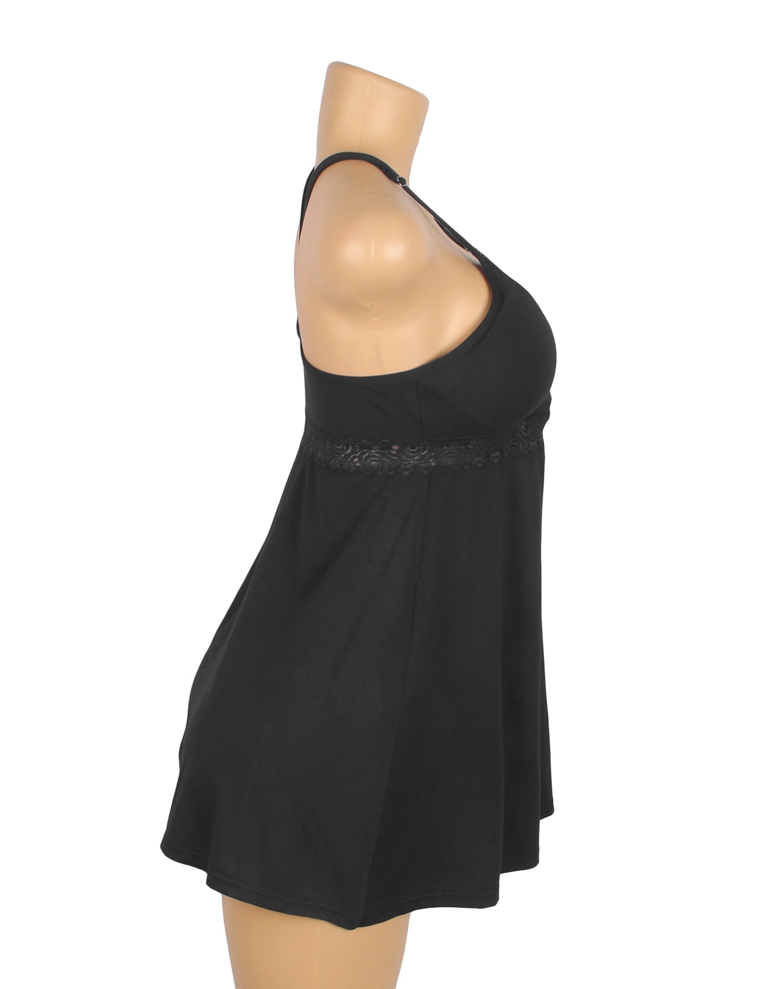 Black Modal Lace Deep V - Neck Nightdress – Spliced Lace Waistband & Flared Skirt - TeaseFashion