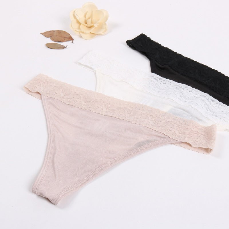 Black Modern Simple Sexy Lace Silk Thong - TeaseFashion