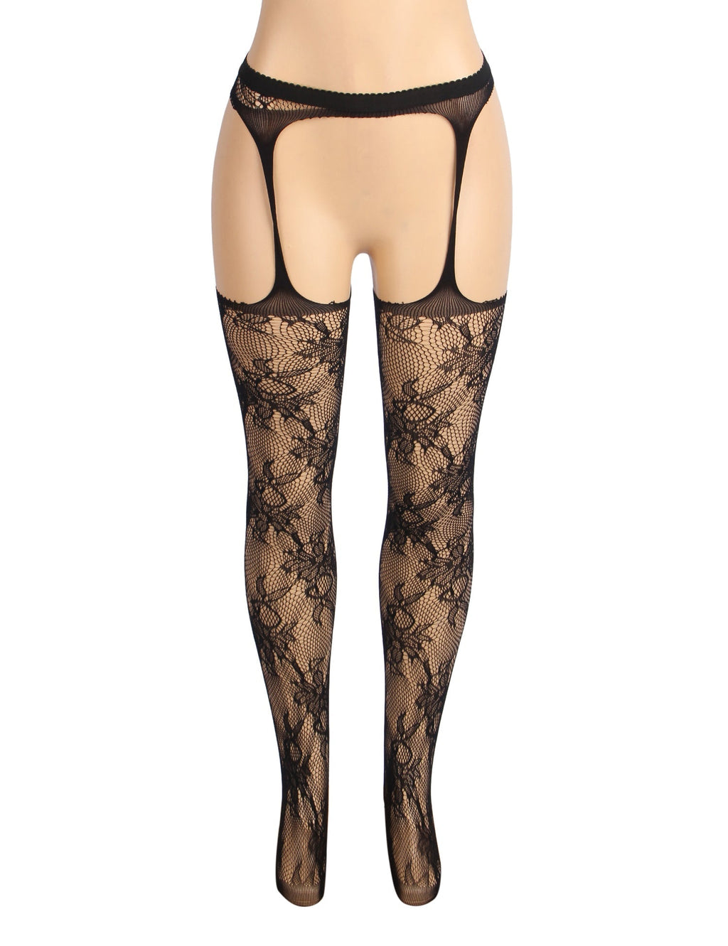 Black Nylon Floral Fishnet Garter - Style Tights – Wide Elastic Waistband & Open - Crotch Design - TeaseFashion