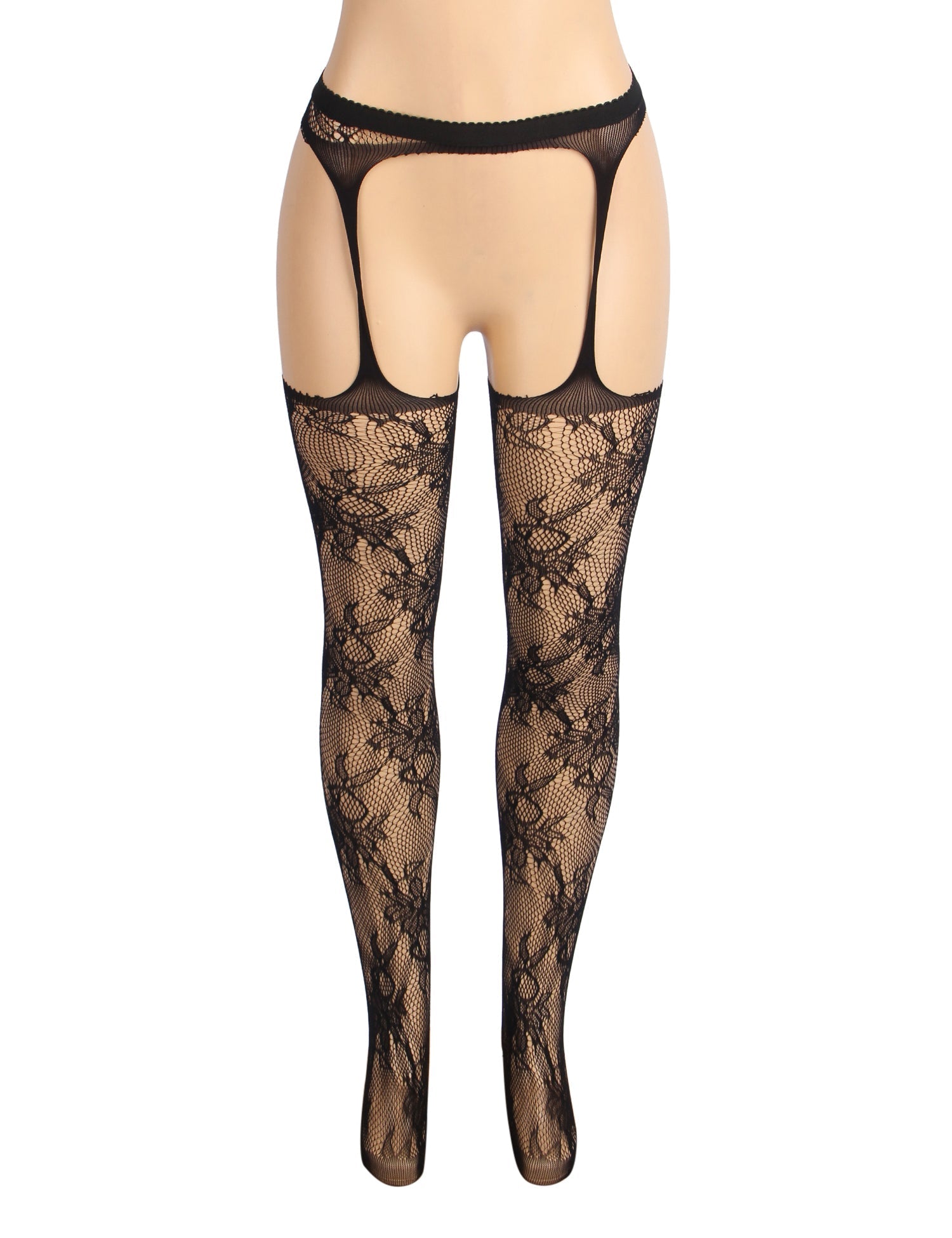 Black Nylon Floral Fishnet Garter - Style Tights – Wide Elastic Waistband & Open - Crotch Design - TeaseFashion
