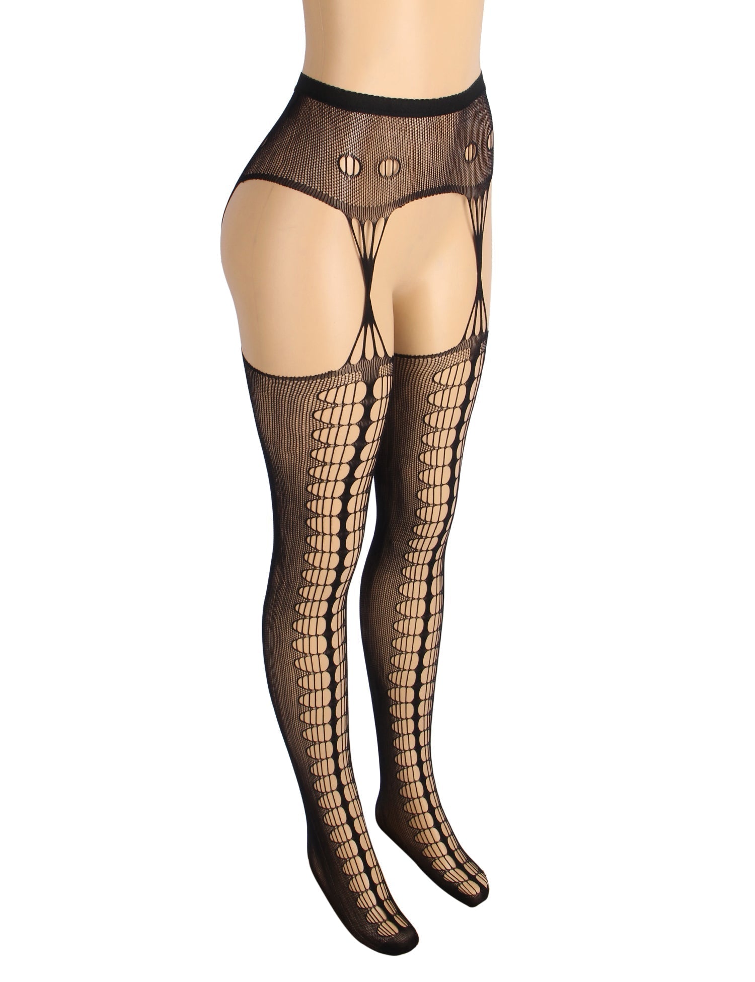 Black Nylon Lace - Up Garter Belt Pantyhose – Wide Elastic Waistband & Hollow - Out Detail - TeaseFashion