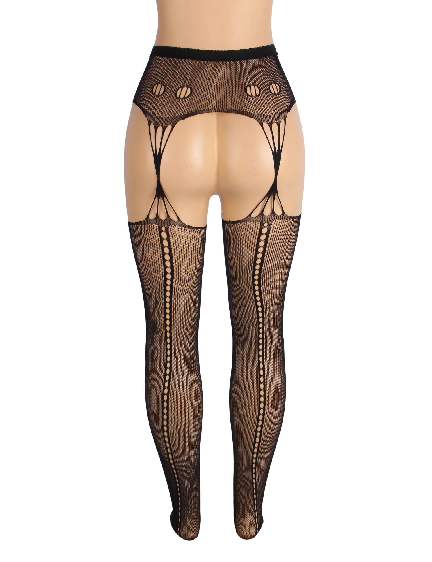 Black Nylon Lace - Up Garter Belt Pantyhose – Wide Elastic Waistband & Hollow - Out Detail - TeaseFashion