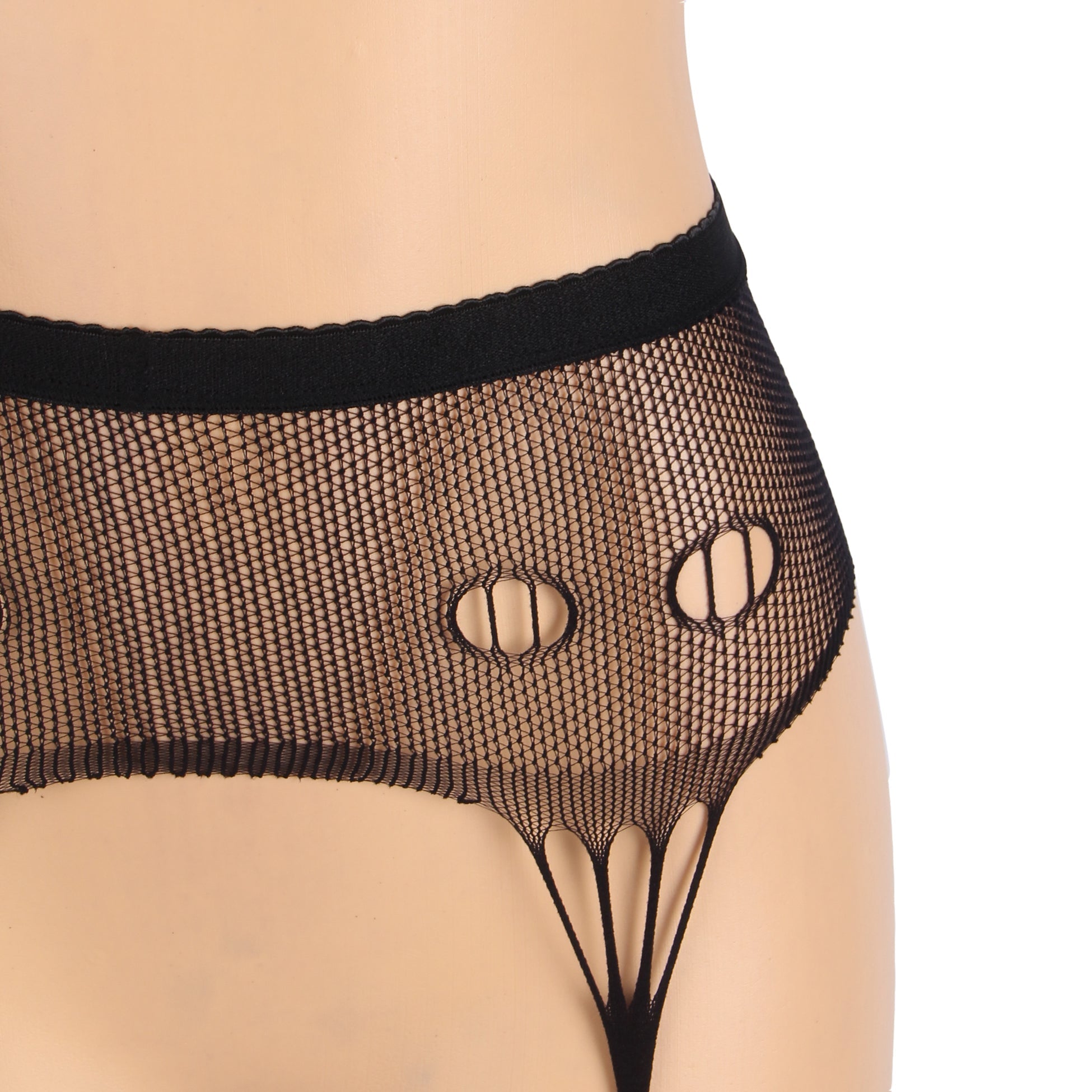 Black Nylon Lace - Up Garter Belt Pantyhose – Wide Elastic Waistband & Hollow - Out Detail - TeaseFashion