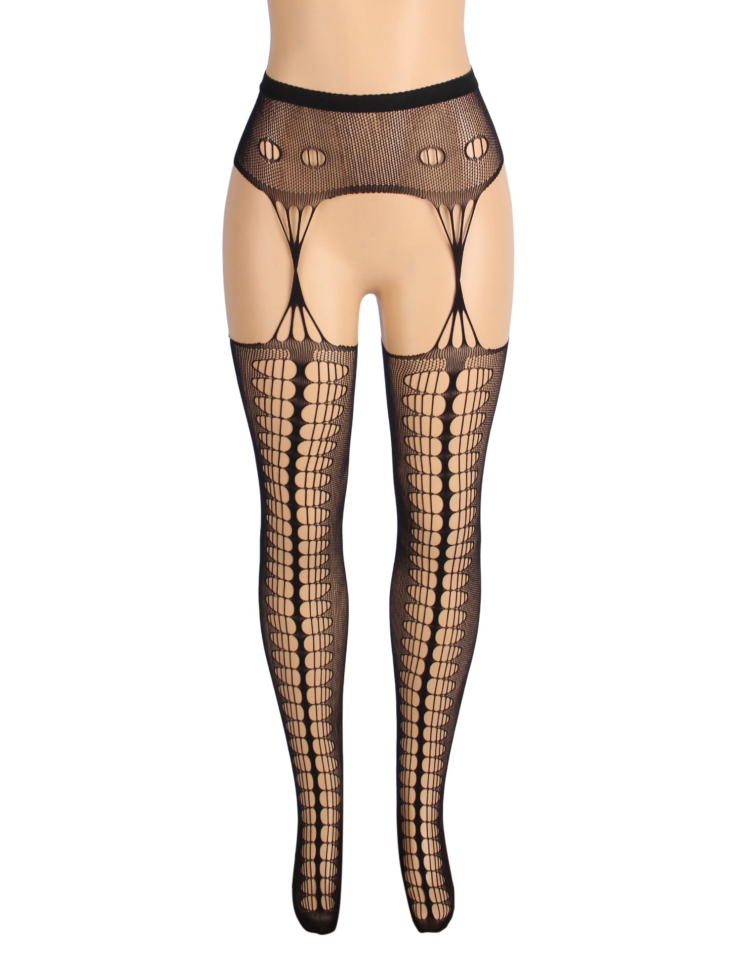 Black Nylon Lace - Up Garter Belt Pantyhose – Wide Elastic Waistband & Hollow - Out Detail - TeaseFashion