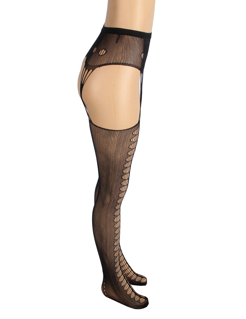 Black Nylon Lace - Up Garter Belt Pantyhose – Wide Elastic Waistband & Hollow - Out Detail - TeaseFashion