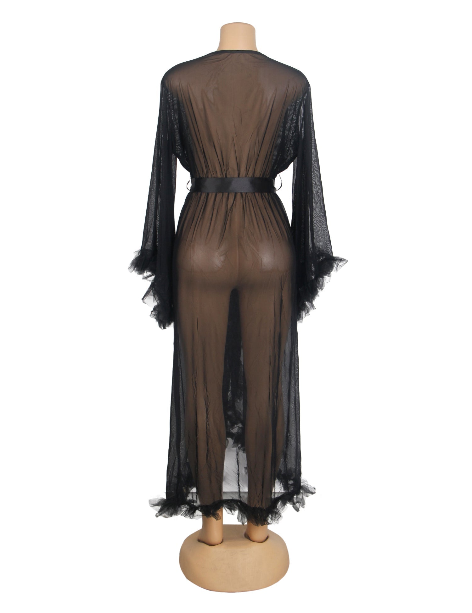 Black Nylon Mesh Robe – 3D Ruffle Cuffs & Hem, Ankle Length, Flared Sleeves & Waist Belt - TeaseFashion