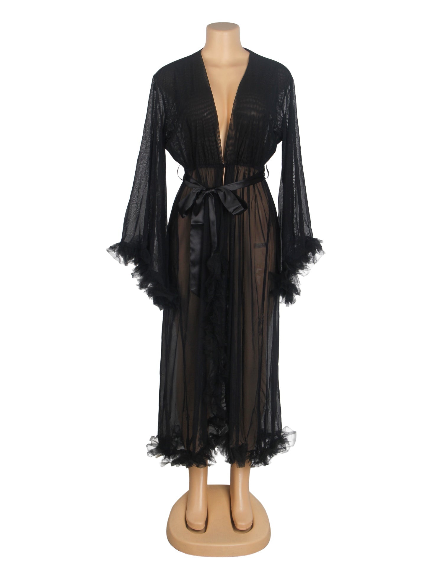 Black Nylon Mesh Robe – 3D Ruffle Cuffs & Hem, Ankle Length, Flared Sleeves & Waist Belt - TeaseFashion