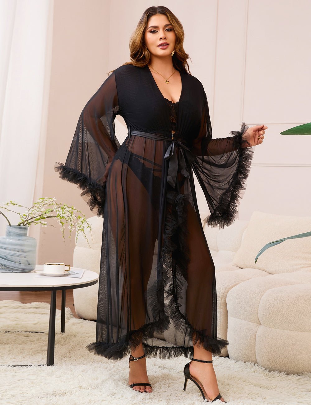Black Nylon Mesh Robe – 3D Ruffle Cuffs & Hem, Ankle Length, Flared Sleeves & Waist Belt - TeaseFashion