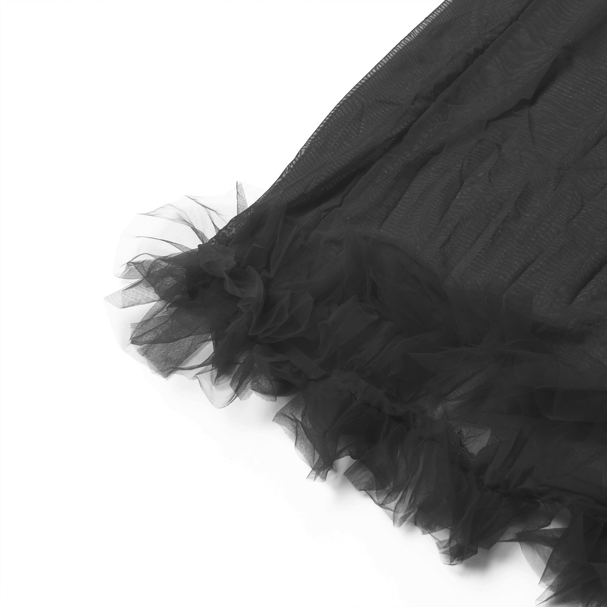 Black Nylon Mesh Robe – 3D Ruffle Cuffs & Hem, Ankle Length, Flared Sleeves & Waist Belt - TeaseFashion