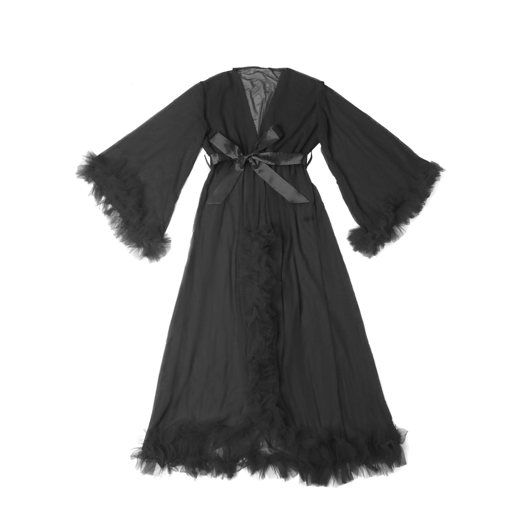Black Nylon Mesh Robe – 3D Ruffle Cuffs & Hem, Ankle Length, Flared Sleeves & Waist Belt - TeaseFashion