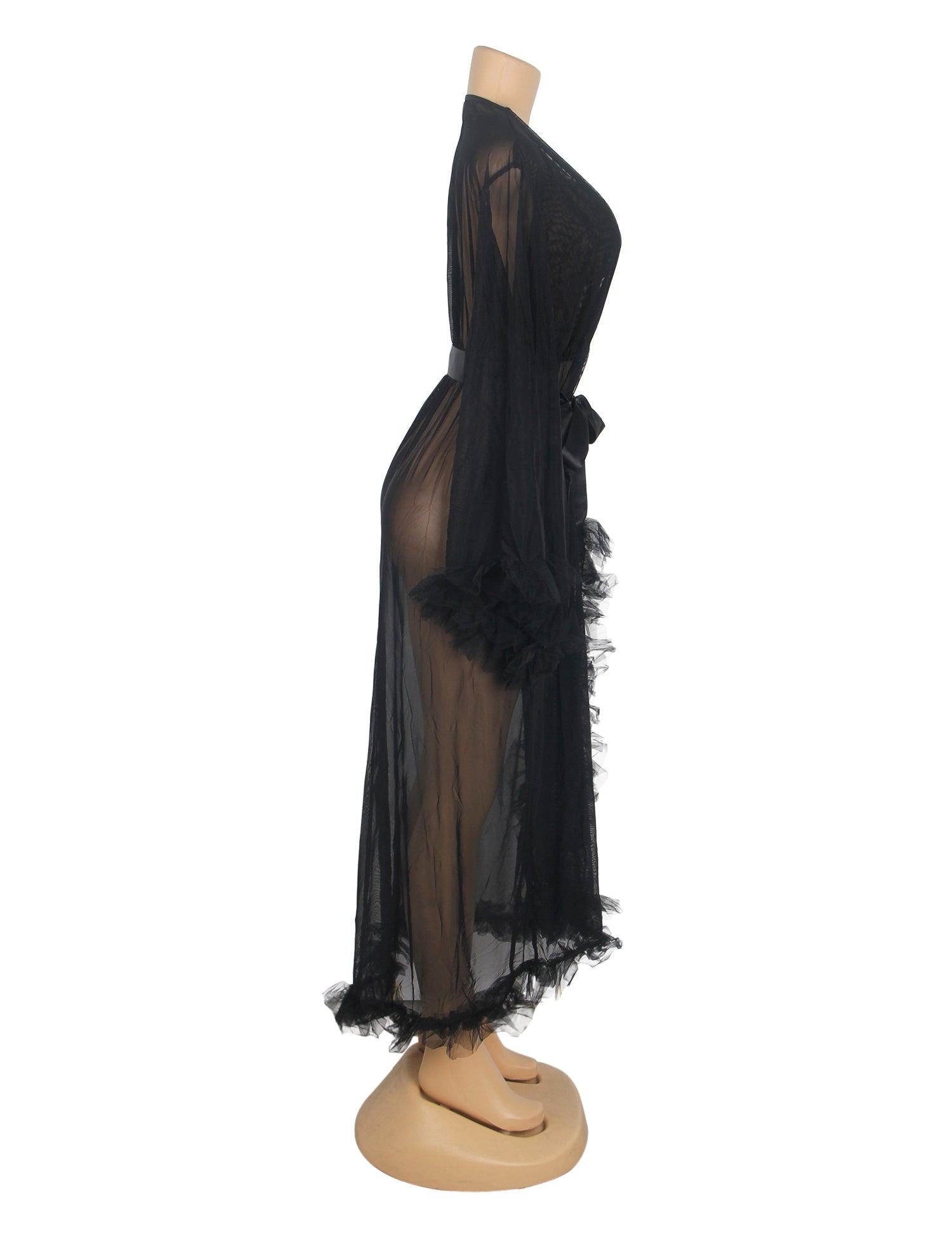 Black Nylon Mesh Robe – 3D Ruffle Cuffs & Hem, Ankle Length, Flared Sleeves & Waist Belt - TeaseFashion