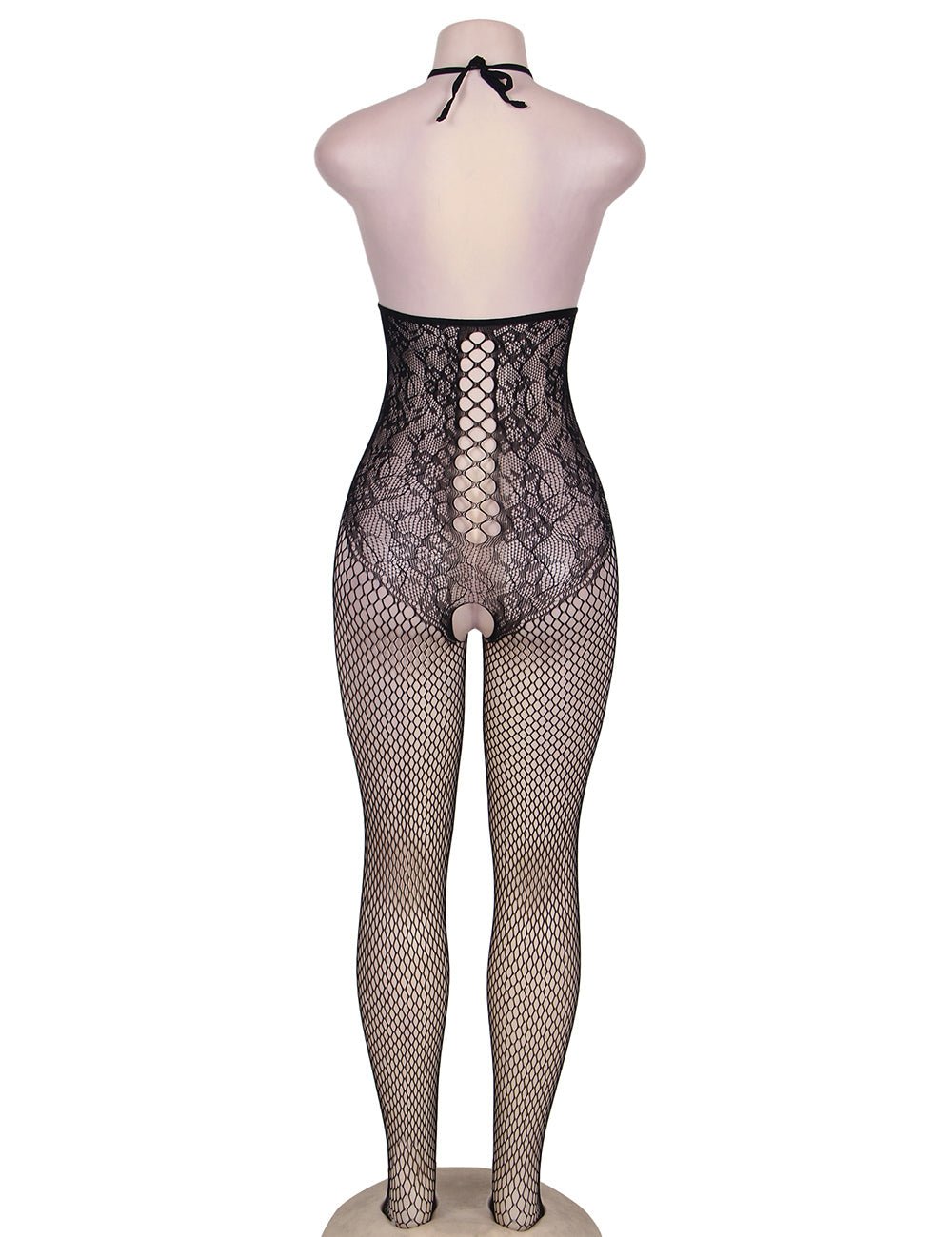 Black Nylon & Spandex Floral Open - Bust Bodystocking – Halter Neck, Adjustable Collar & Open Back - TeaseFashion