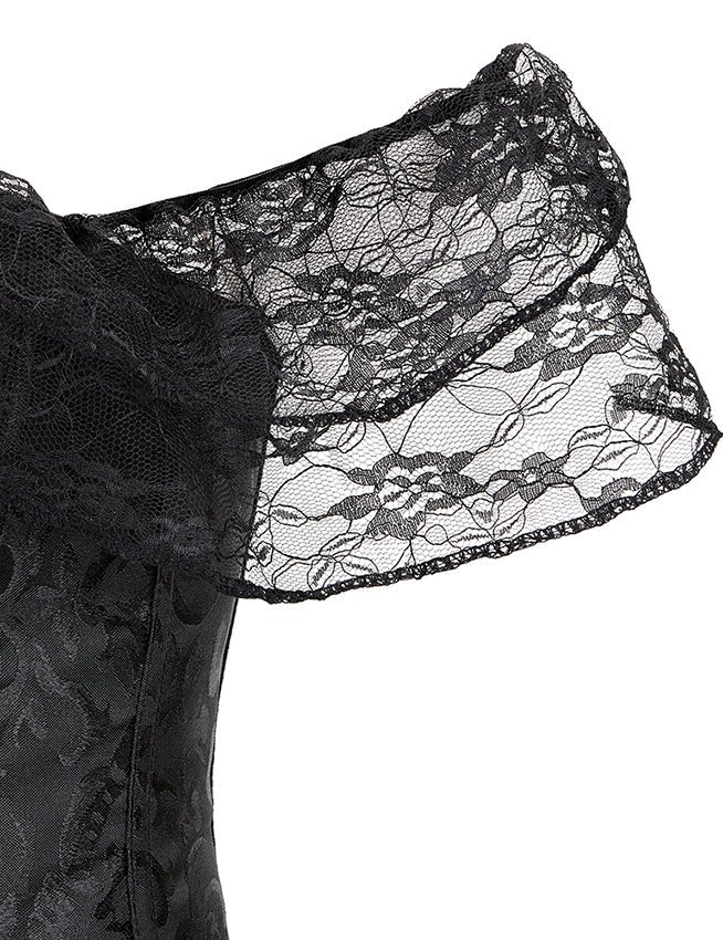 Black off Shoulder 12 Pieces Plastic Bones Lace Corsets with Panties - TeaseFashion