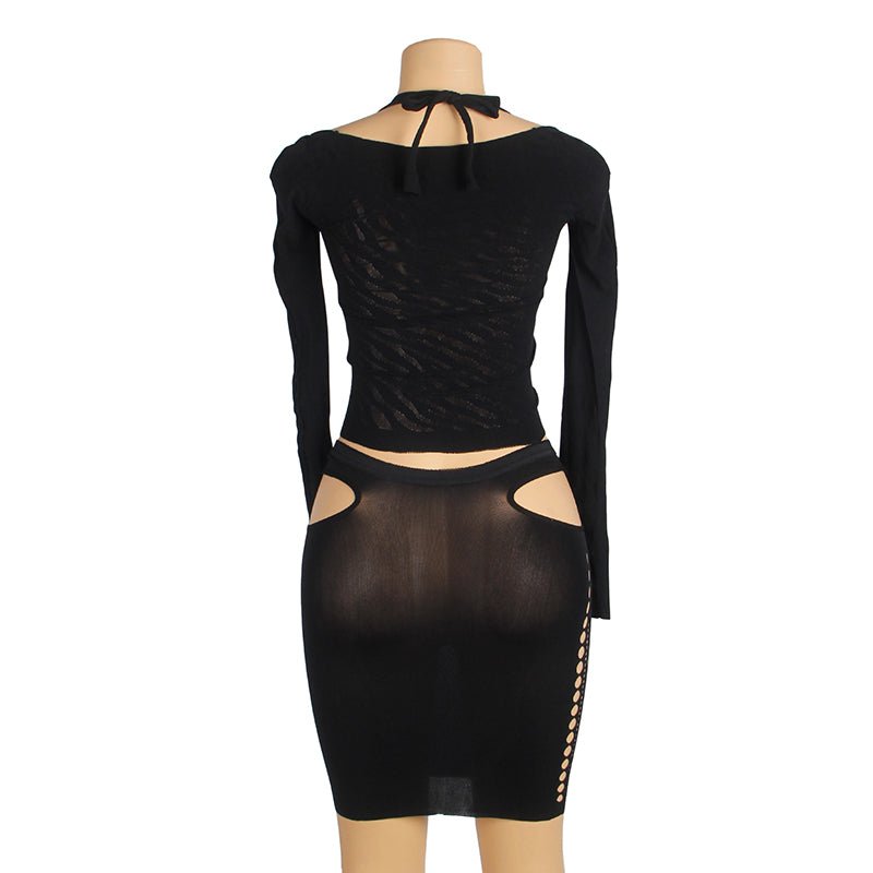 Black Off - Shoulder Halter Crop Top & Hollow - Waist Mini Skirt Set - TeaseFashion