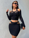 Black Off - Shoulder Halter Crop Top & Hollow - Waist Mini Skirt Set - TeaseFashion