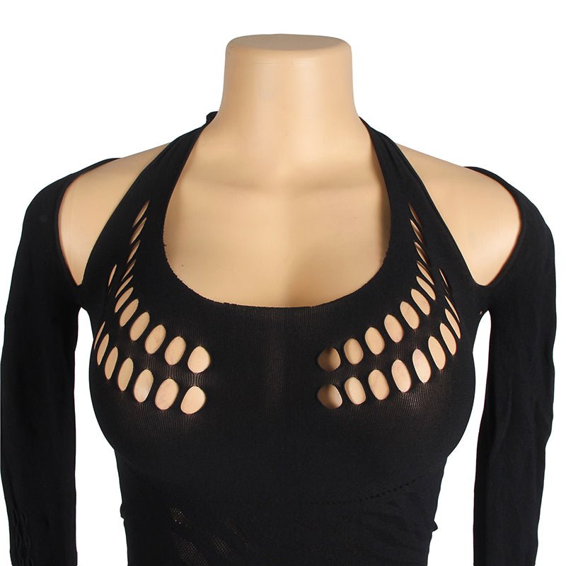 Black Off - Shoulder Halter Crop Top & Hollow - Waist Mini Skirt Set - TeaseFashion
