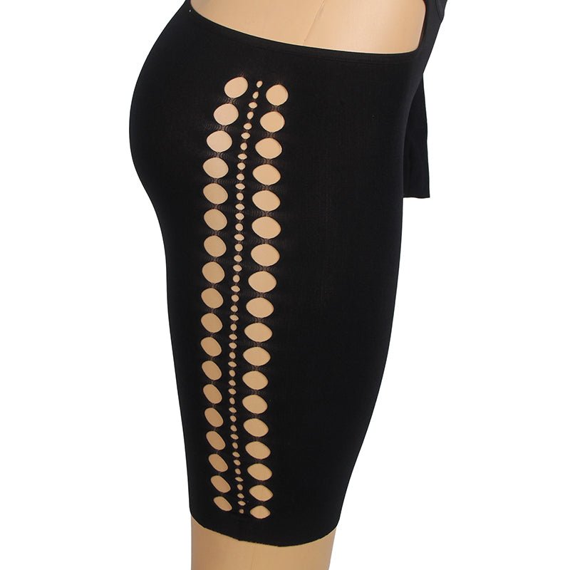Black Off - Shoulder Halter Crop Top & Hollow - Waist Mini Skirt Set - TeaseFashion