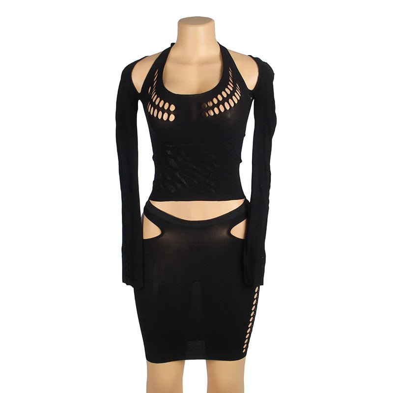 Black Off - Shoulder Halter Crop Top & Hollow - Waist Mini Skirt Set - TeaseFashion